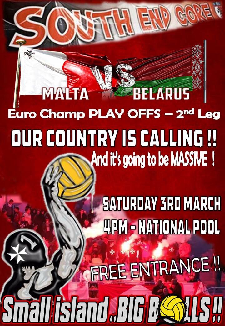 SandroMicallef's tweet photo. TODAY #waterpolo #europeanqualifier #malta vs #belarus #pixxina #talqroqq doors open 2pm #freeentrance #djclintbajada #forzamalta #southendcore #tvm2 @clifton_grima @RyanCallus @ChrisBonett_CB @adriandeliapn @JosephMuscat_JM @SportMalta @cutajar_mark @TVMSport @TelevisionMalta https://t.co/RfCrUorJl6