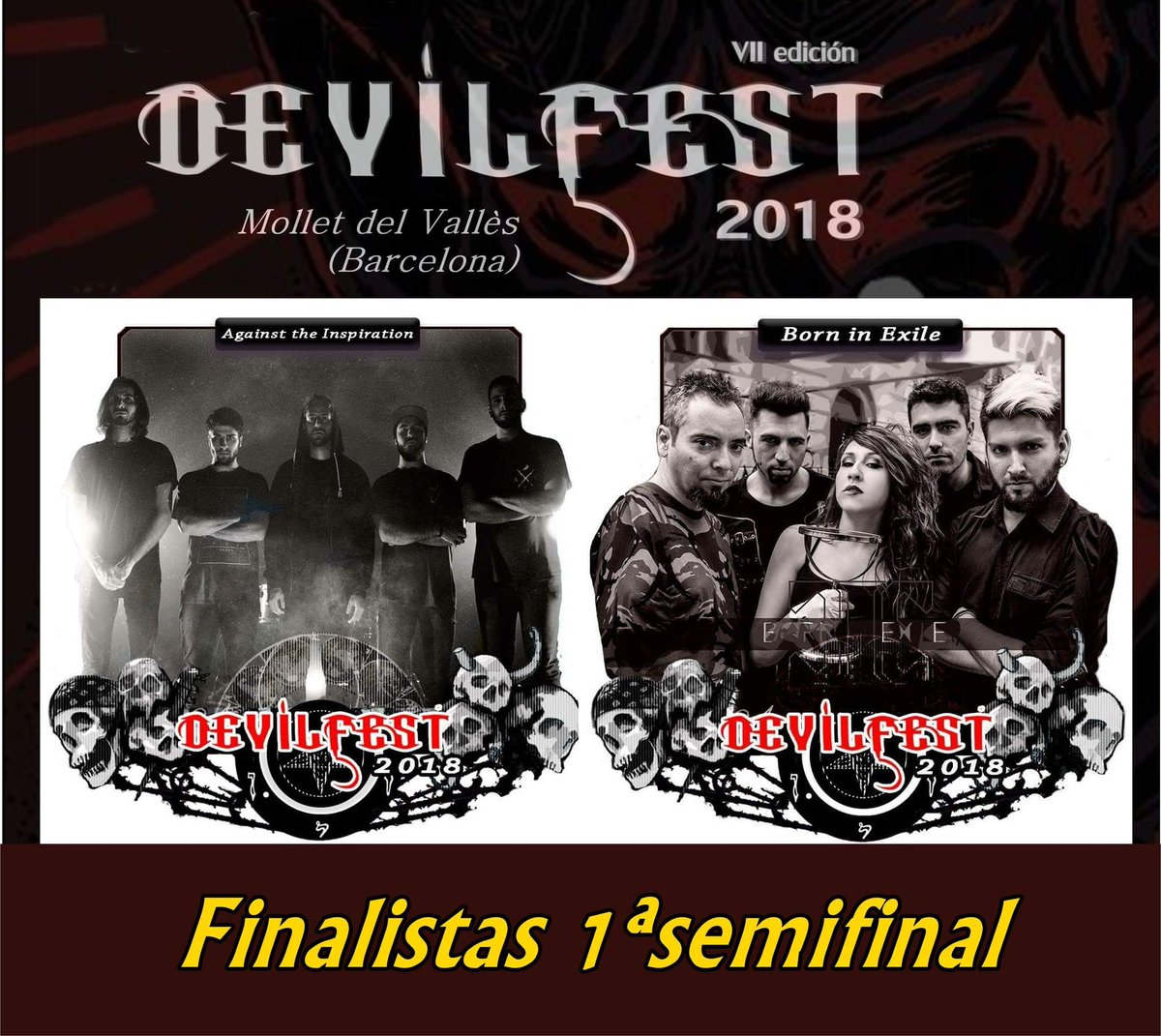 amamollet's tweet photo. 💥 🐏 FINALISTAS 1ª SEMI 🐏 💥

@Borninexile y Against the Inspiration finalistas en esta primera semifinal del #devilfest18 (por voto del jurado y voto público, respectivamente). 

Nos vemos el viernes 16 de marzo, #segundasemi. https://t.co/sHb0aZDV2t