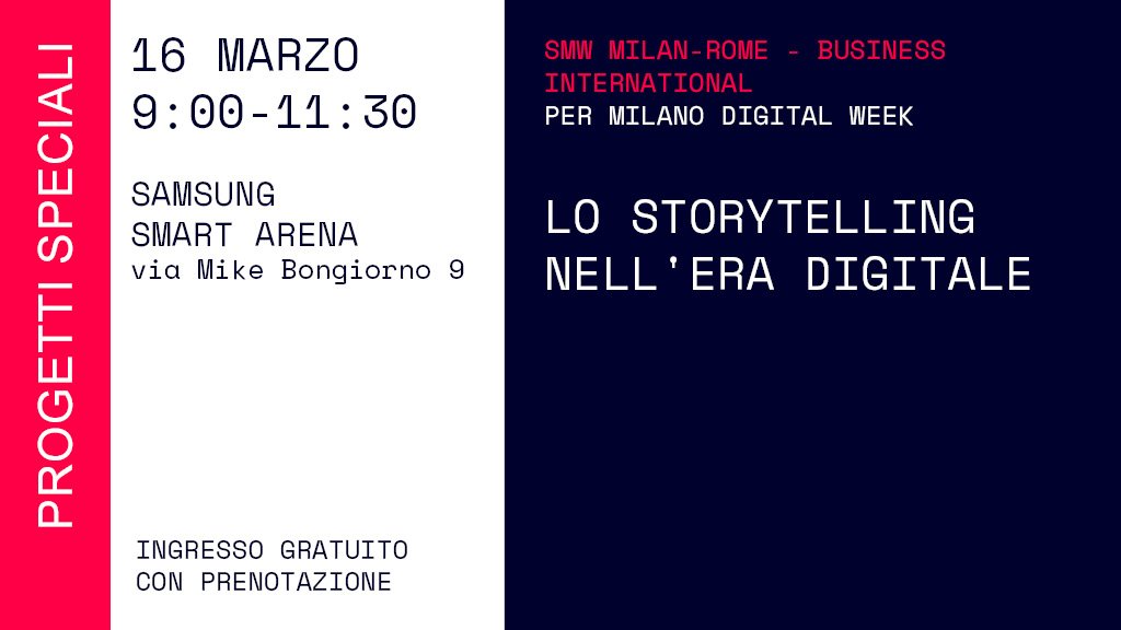 MI_DigitalWeek's tweet photo. #MilanoDigitalWeek | Workshop
Visual Storytelling B2B e B2C. A illustrare tecniche e case history, @contemax68 / Visual Storytelling Academy Italia @vsaitalia. A cura di @SMWmilan. Appuntamento c/o Smart Arena di @samsungitalia. Prenotazione obbligatoria https://t.co/QSGLFjByWb https://t.co/yyN8JkrKlE