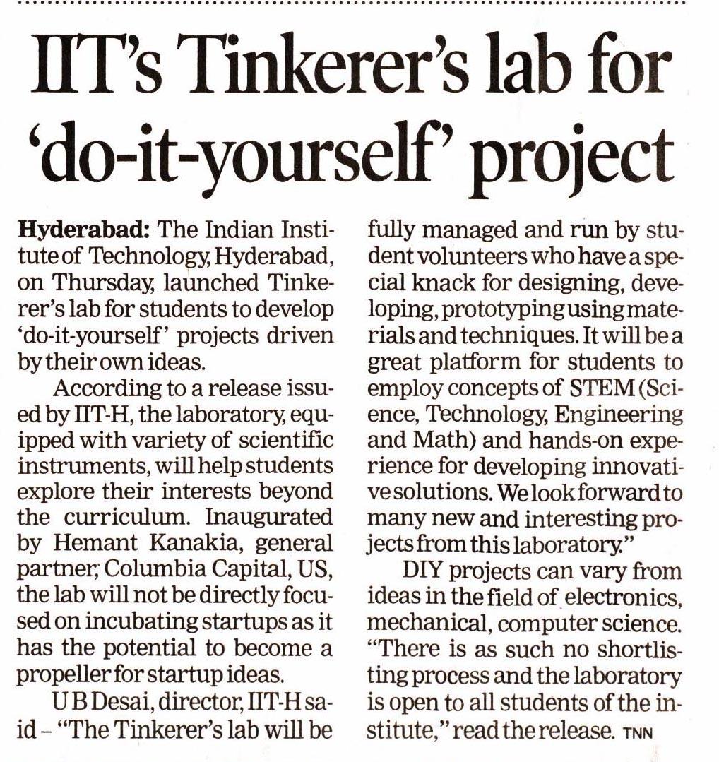 IITHyderabad's tweet photo. Big boost to #IITHyderabad students for Do-It-Yourself projects. Institute launches #Tinkererslab to help students explore areas of interest outside curriculum, promote a strong culture of self-learning and #entrepreneurship @PrakashJavdekar @HRDMinistry @drharshvardhan @IndiaDST https://t.co/UV1xLKV8Tg