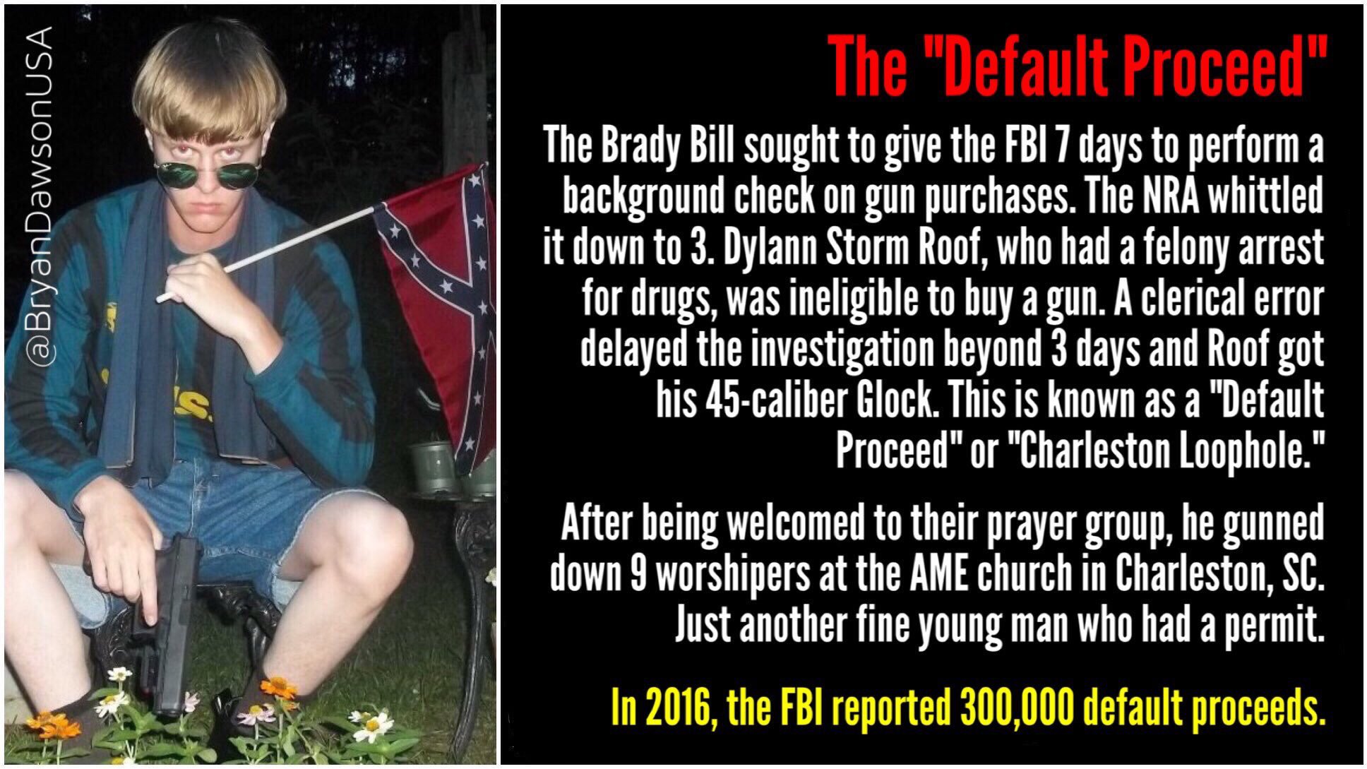 â€ªUnderstanding gun laws: The #DefaultProceedâ€¬

â€ªDid you know the #NRA killed the Brady Bill's provision buyers complete a full background check before getting the gun? With the NRAs "instant" background check system, if FBI can't complete the review within 3 days, you get the gun.â€¬