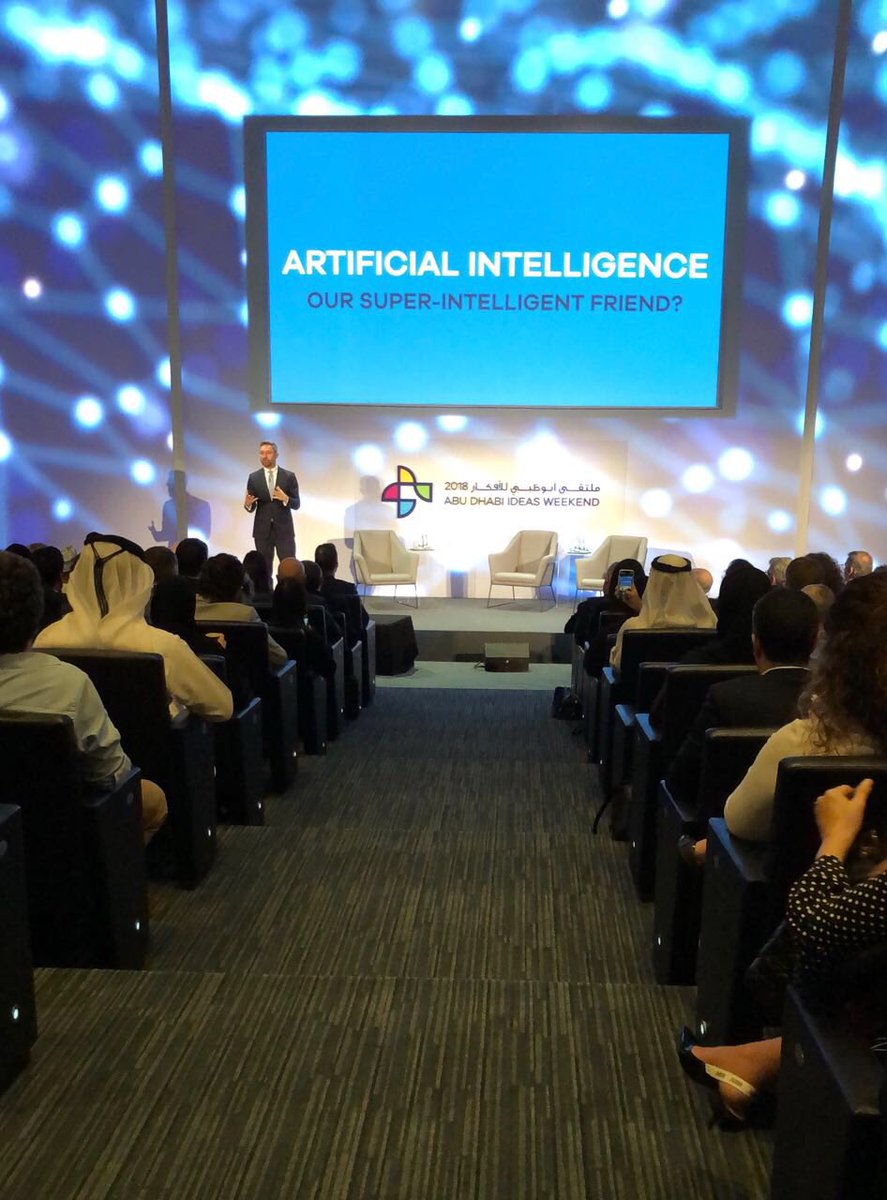IdeasAbuDhabi's tweet photo. Dr. Noah Raford, COO and Futurist-in-Chief, Dubai Future Foundation introduces AI; interesting discussions on  #ArtificialIntelligence driving change today and in the future. Why is now different for AI and what will be the impact? https://t.co/wLrKjD9Ymu