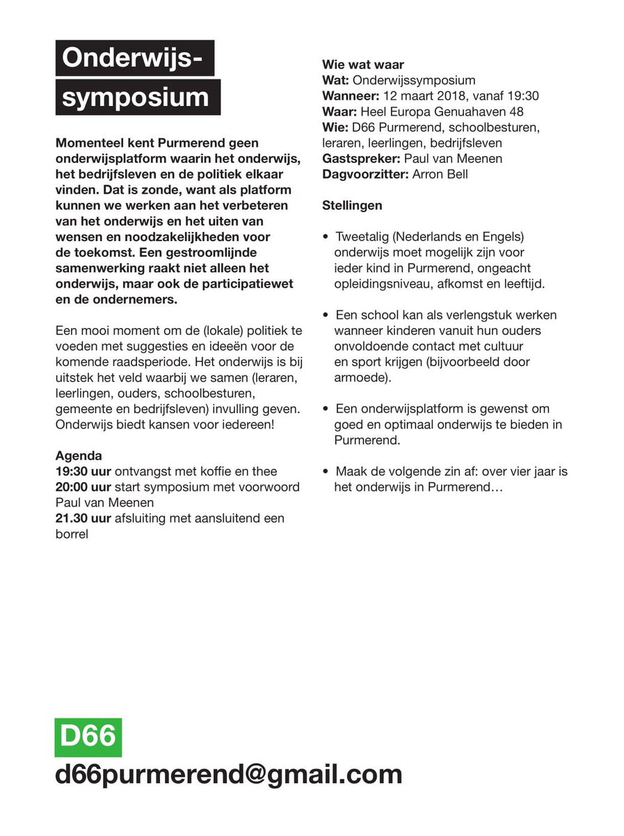D66_Purmerend's tweet photo. Op 12/3 organiseert #D66 #Purmerend een #Onderwijssymposium in @HeelEuropa0299 met als gastspreker @Paul_van_Meenen en onder leiding van dagvoorzitter @ArronJBell Met stellingen over #tto, #onderwijs als brug naar sport en cultuur en een onderwijsplatform. #DuurzaamVooruit https://t.co/4ELEDQSRUw