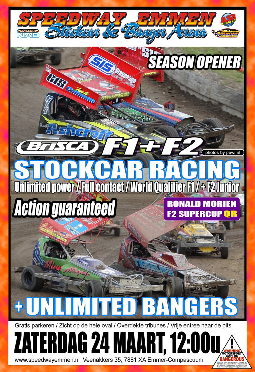 De inschrijving voor de wedstrijd op zaterdag 24 maart is geopend.
 
Inschrijven alleen via onderstaand formulier voor:
 
F1 Stockcar
F2 Stockcars
F2 Junioren
 
Uiterste inschrijfdatum is dinsdag 20 maart 22:00u.

speedwayemmen.nl/voor-de-coureu…