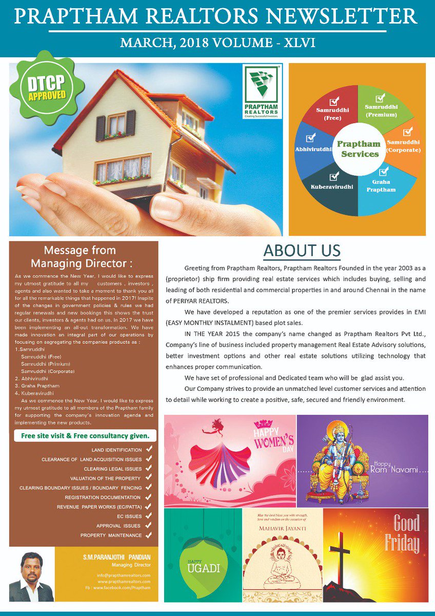 Prapthamrealtor's tweet photo. March Month NewsLetter.
#customer #newsletter #MarchIsHere #entrepreneur #realestate #emi #MonthlyInstallmentPlot #Realestateconsultant #Realestateanalyst #plotpromoters #builders #landIdentification #Landacquisitionissues #landvaluation https://t.co/rougfsVKhG