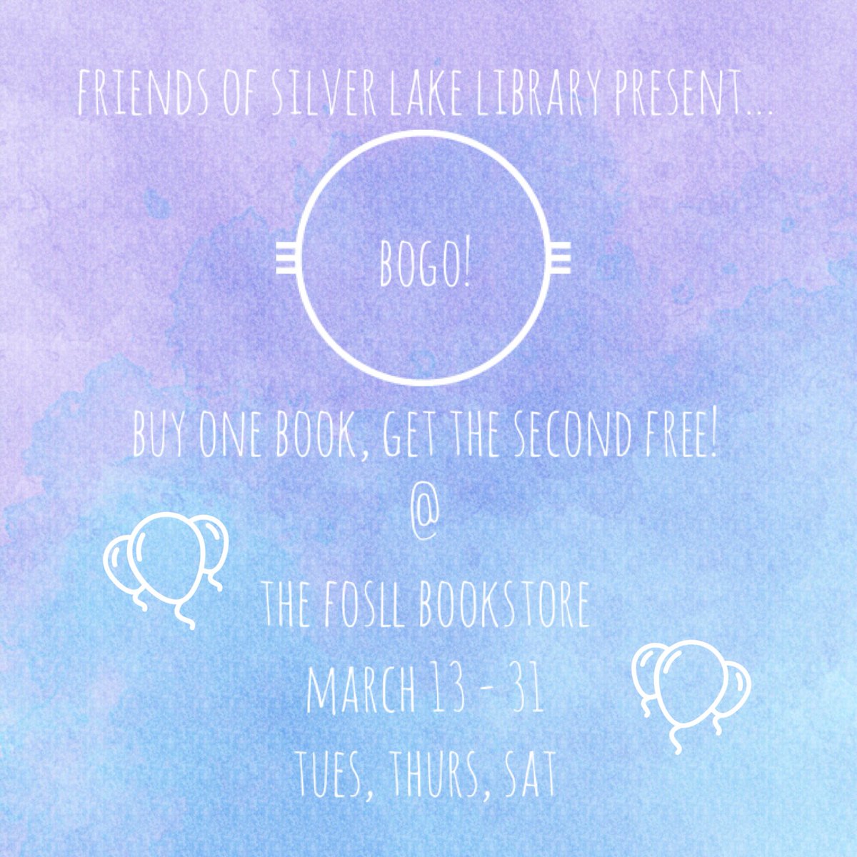 FoSLLBookstore's tweet photo. 📚It’s BOGO in March!! 📚
_
Buy one item from the FoSLL bookstore, get a second one of equal or lesser value FREE!! Sale starts March 13th - 31st. See you soon!

#SilverLakeLibrary #lapl #march #bogo #booksale #silverlake #losangeles #california #books #library #bookworm #LA https://t.co/OYxcLt69v5