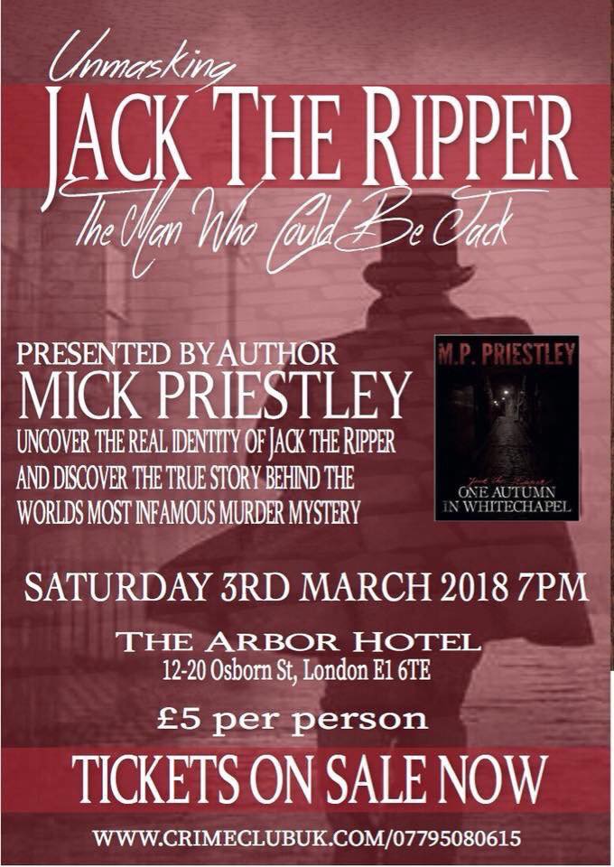 JTRConference's tweet photo. Tonight at the Arbor City Hotel, Osborn Street , London.  “Unmasking Jack the Ripper”, with Author Mick Priestley.  #jacktheripper #criminology #thingstodoinlondon #london #eastlondon #victorianhistory #police @HISTORY @crimeclubuk @TheSun @visitlondon @ELAdvertiser https://t.co/1po56Q6wpz