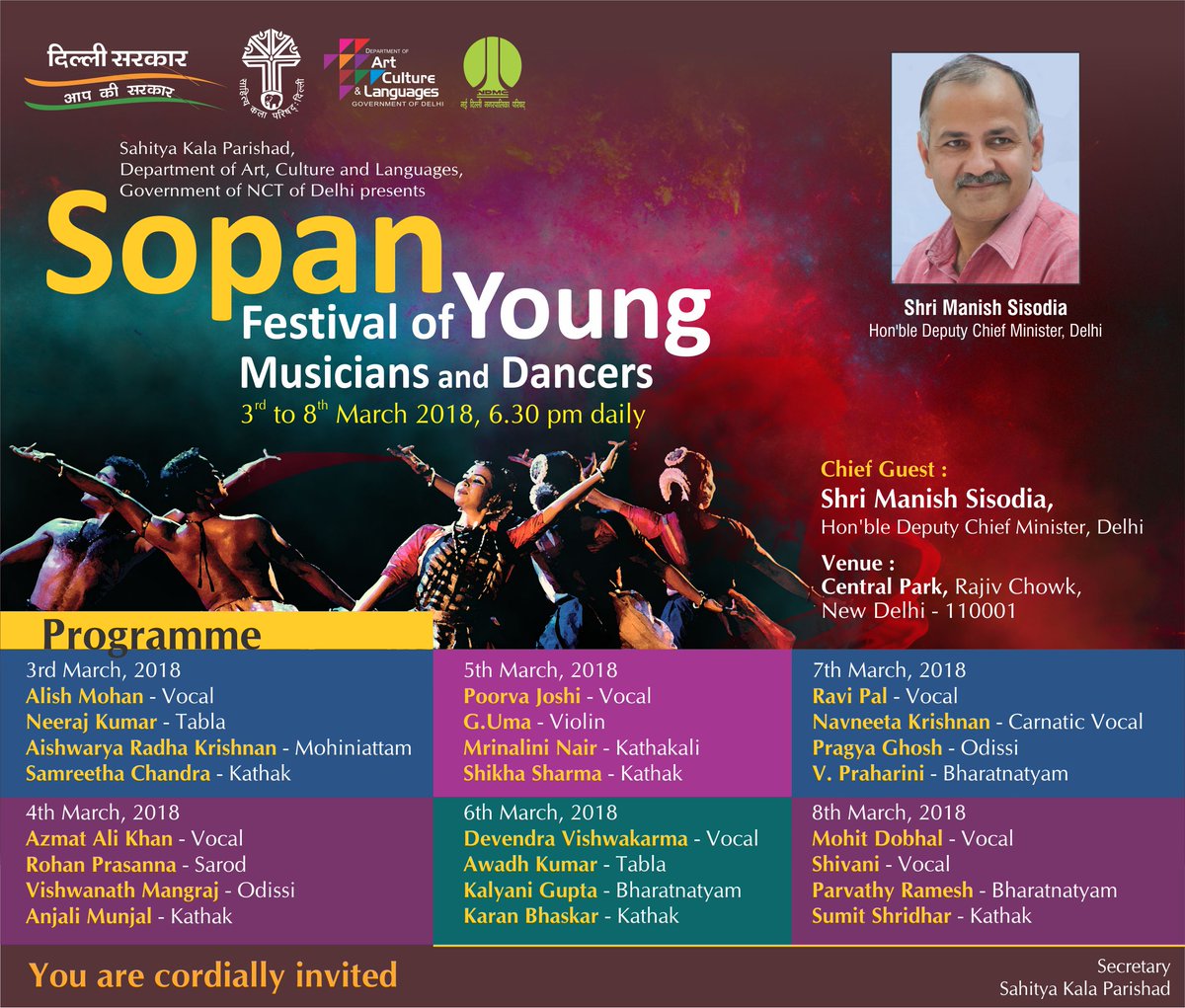 Delhi Government & SKP invite you to Sopan - a festival of spectacular performances by young classical musicians & dancers taking forward our rich cultural heritage Dates: 3-5 March Time: 6.30 PM onward Venue: Central Park, CP Entry Free! All are welcome! #Sopan2018