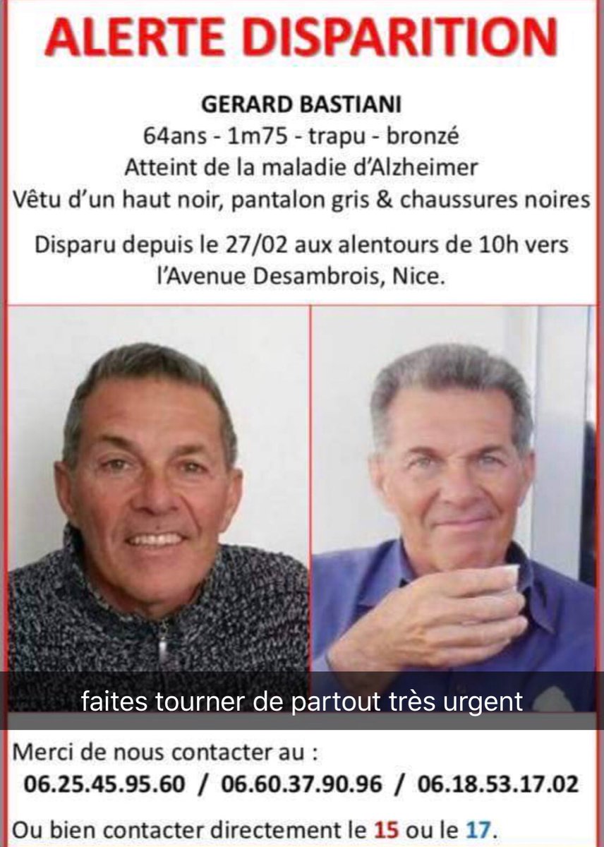 corsu06's tweet photo. @VENANCENISAS est ce que ça serait possible de diffuser ce rmessage venance ? Comme je sais que bcp de personnes connues sont abonnées.. il y a un monsieur qui a disparu sur Nice depuis mardi il est atteint de la maladie d’Alzheimer il reste introuvable à ce jour merci d’avance https://t.co/WGufnEWf6h