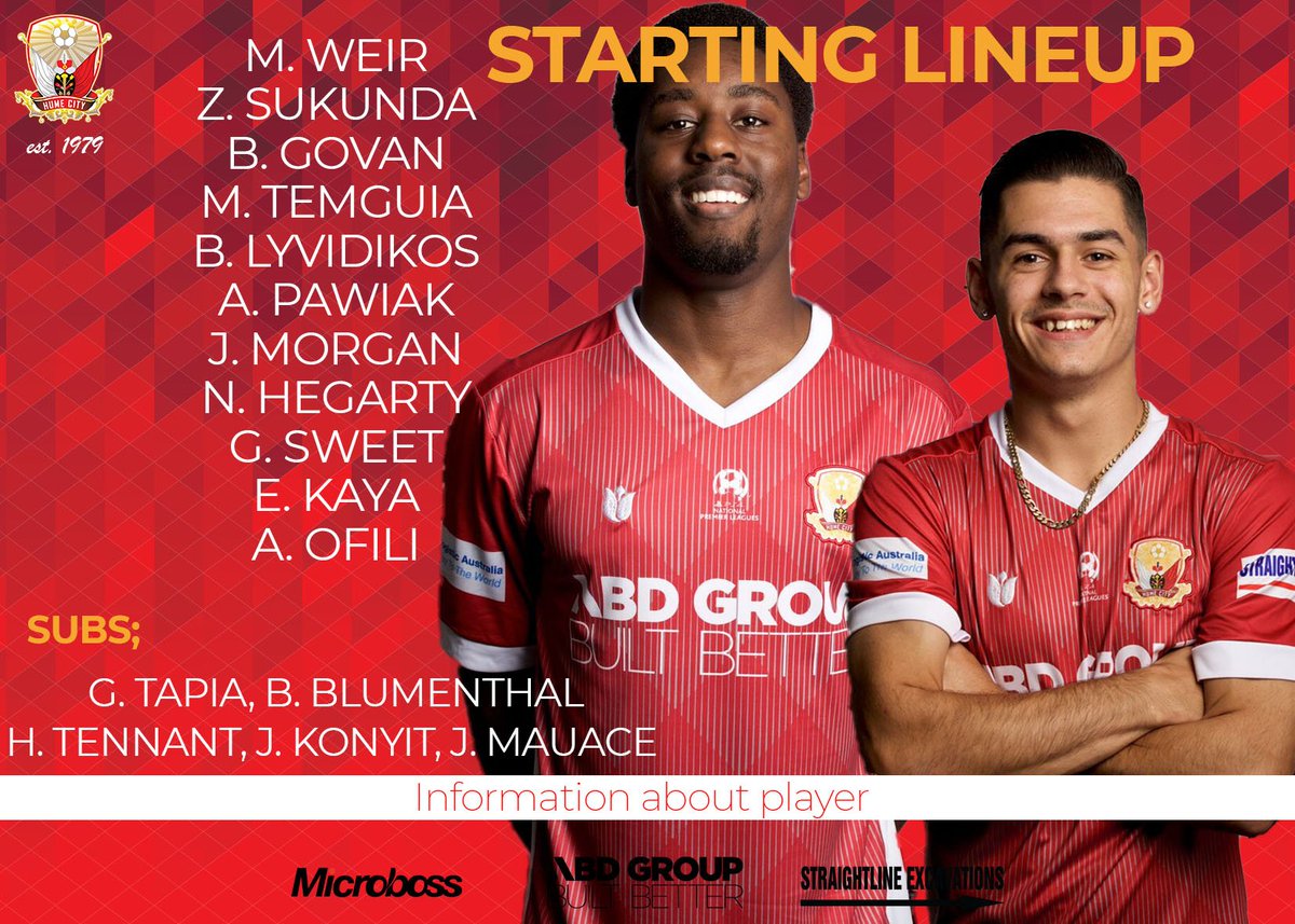 FCHumeCity's tweet photo. Here is our XI for tonights huge clash against @NorthcoteCity here at #abdstadium. Listen live at https://t.co/e5updSEA0D for all the game updates! https://t.co/5X38AgiB9b