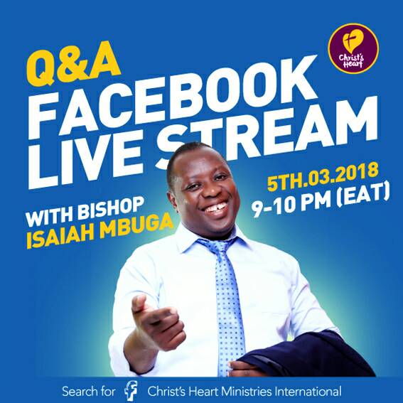 ChristsHeartMin's tweet photo. #BishopIsaiahLive again.

This Monday 5th March 2018
From 9-10pm.

Invite your friends, family and colleagues to have their questions answered by @PapaIsaiah https://t.co/6lSRi2WCot