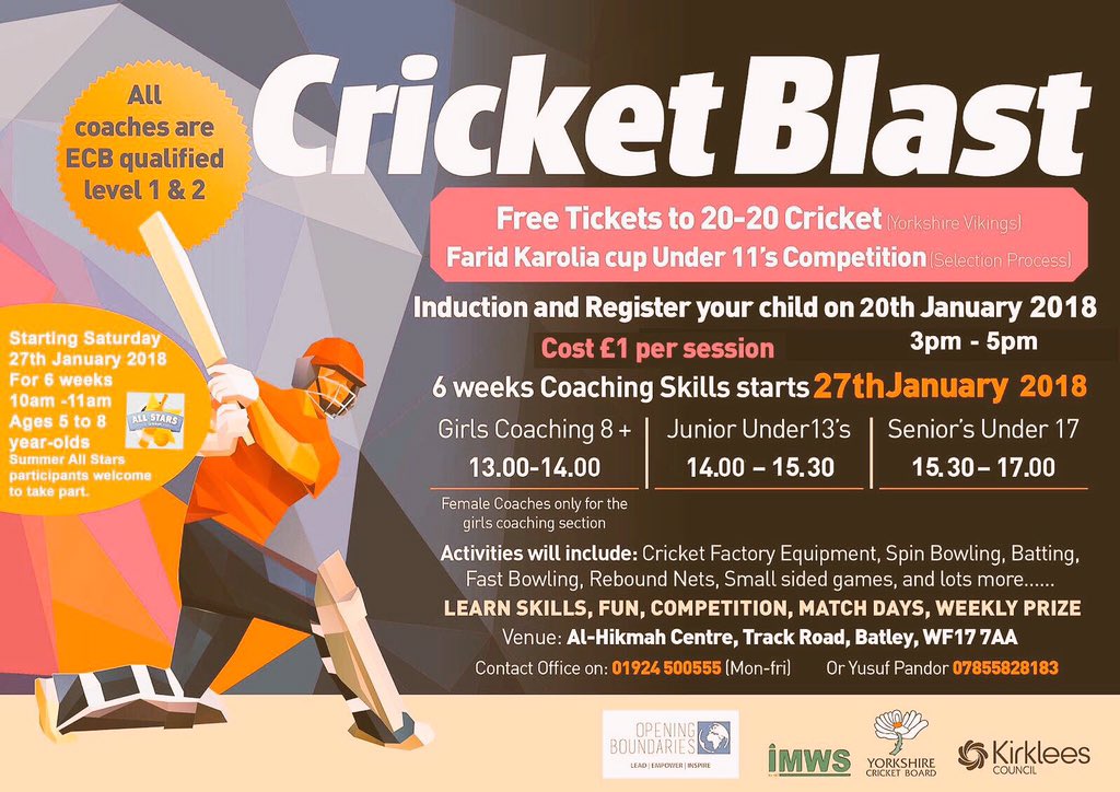 BatleyCC's tweet photo. Today's session has been cancelled and re arranged for Saturday 10 March 2018.
Fun starts at 10am for the 5 to 8 year olds
Girls start at 1pm
Boys start at 2pm
#coaching #cricket #juniors #batley #dewsbury #imws #yorkshire #openingboundaries #kirklees https://t.co/4qChtP6J6G