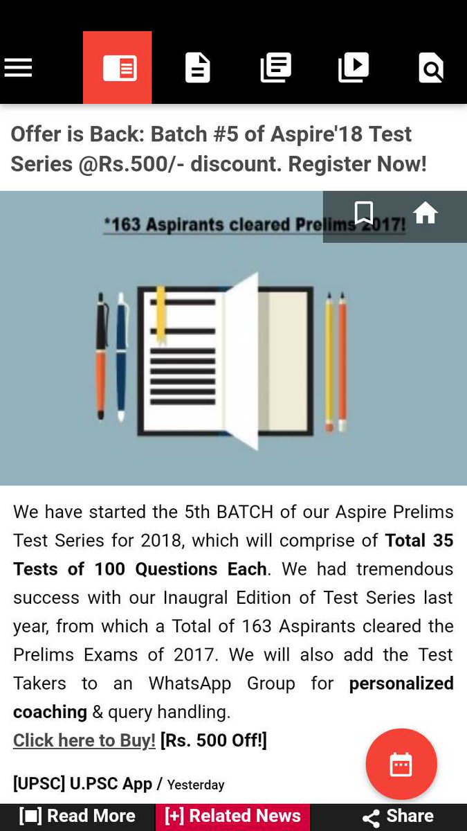 AmitaVaish's tweet photo. Offer is Back: Batch #5 of Aspire'18 Test Series @Rs.500/- discount. Register Now! - #Upsc2018 #cse2018 Via https://t.co/eAJD1PGOBG https://t.co/TuBhG4s9oS