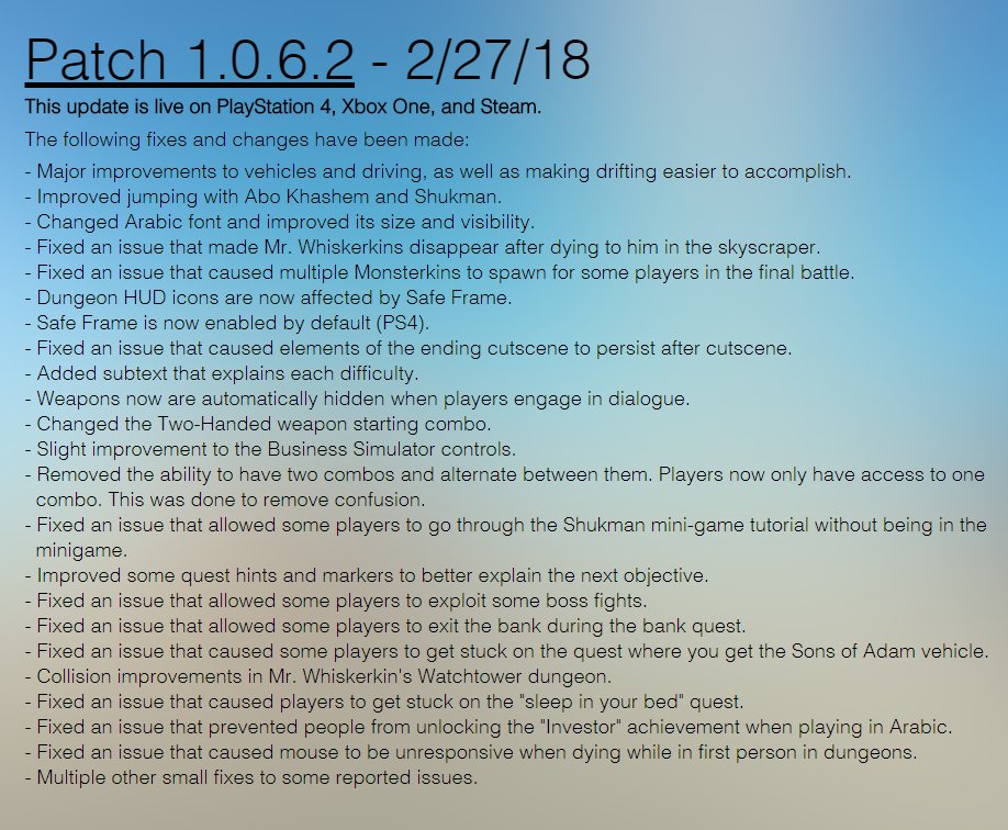AboKhashemGame's tweet photo. Patch 1.0.6.2 is now live on Xbox One! Driving improvements, additional questline stability, better platforming controls, bug fixes, and more! Check out the full patch notes: https://t.co/8RBI3p6pxW https://t.co/zvQI8vDLfB