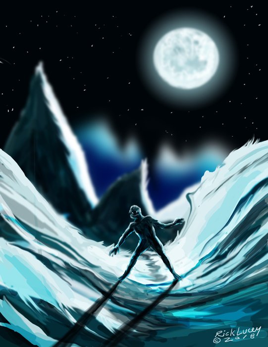 Thedocbot's tweet photo. Sometimes I have these images pop in my head and I have to create them like this one. #drawrick #digitalart #digitalpaint #conceptart #environmental #frozenenvironment #photoshop #yeti #highaltitude #nightscene #FullMoon https://t.co/GxR0WoodhY