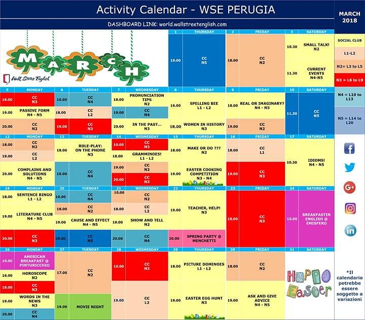 WSEPerugia's tweet photo. Get the most of our Activity Calendar of March! Loads of interesting lessons are planned! 😄 See you soon! #Perugia #news #travel #umbria #English #wse https://t.co/YYu4MsVlXQ