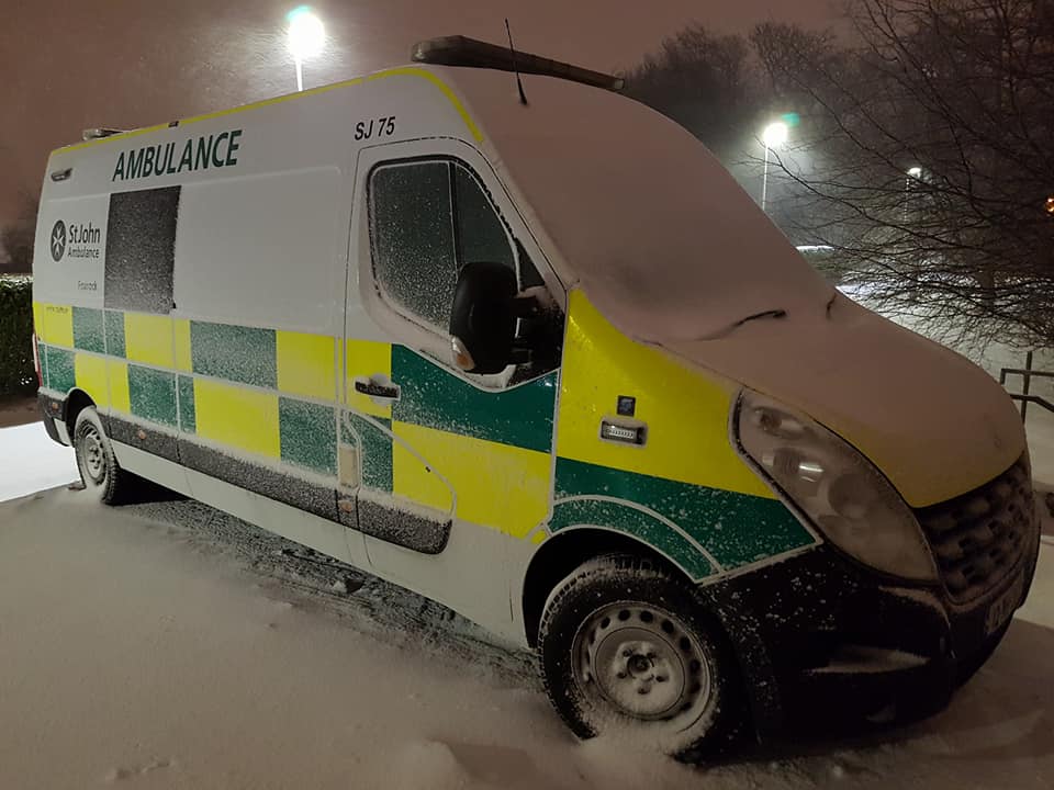 StJohnFoxrock's tweet photo. Foxrock have been providing first aid/ambulance cover for the approximately 2000 students residing on campus over the last two nights, who may be inaccessible to emergency services due to the bad weather. Thankfully we have had very little to do! #StormEmma #BeastFromTheEast https://t.co/P9n0bZ9O0N
