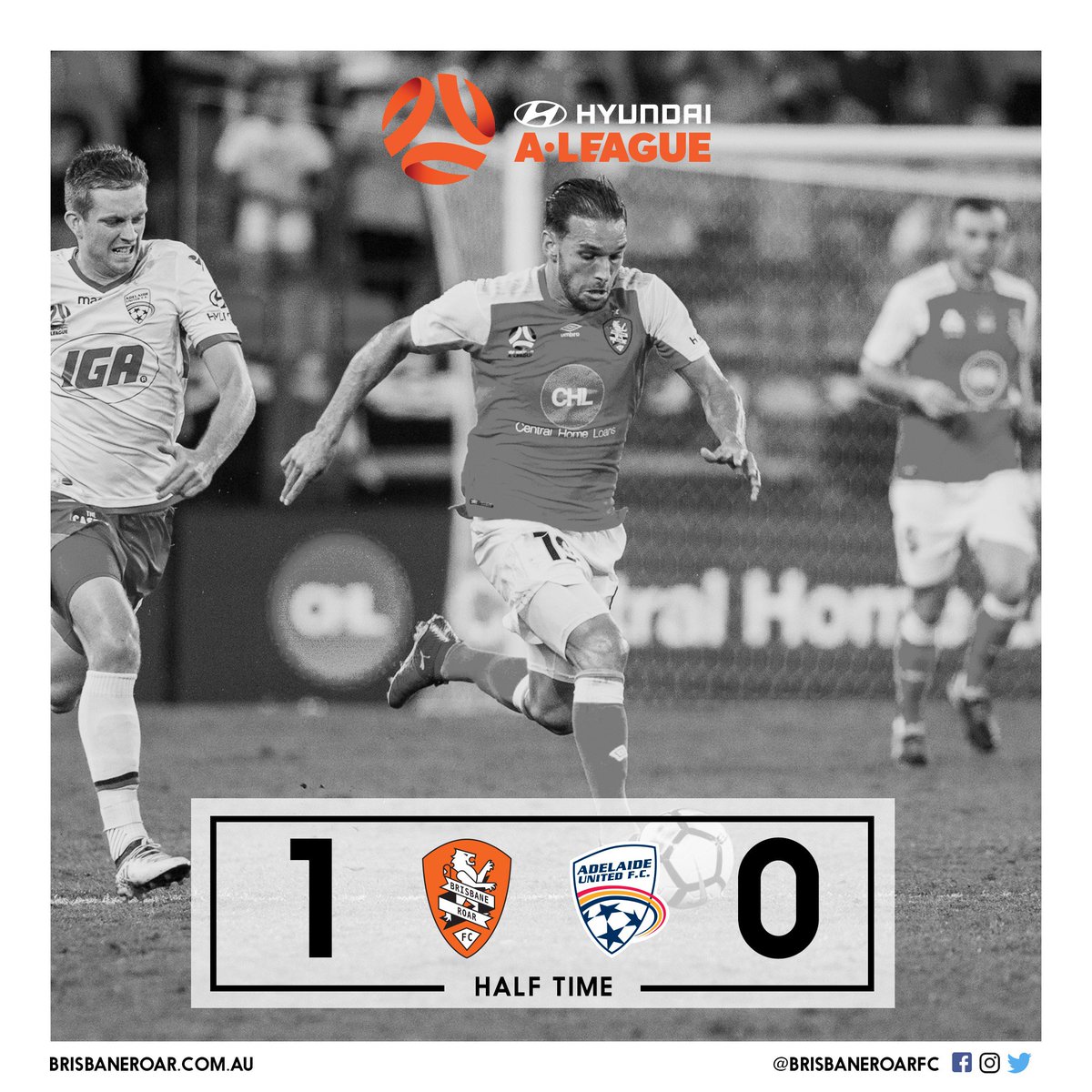 brisbaneroar's tweet photo. HALF TIME | A stunning free kick from @BautheacEric sees us enter the break leading @AdelaideUnited at @suncorpstadium #FEELTHEROAR #BRIvADE https://t.co/WwhLaGGVRe