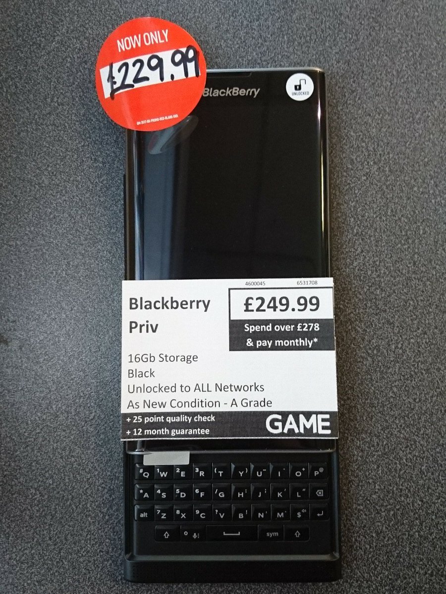 GAMEKendal's tweet photo. #Phoneoftheday is this gorgeous #Blackberry Priv which runs #Android OS. It is unlocked to all networks and an A grade condition. Full touchscreen with a slide out qwerty keyboard. A steal at £229.99 and make it even cheaper by trading in #OnlyAtGAME https://t.co/msboEB47Qw