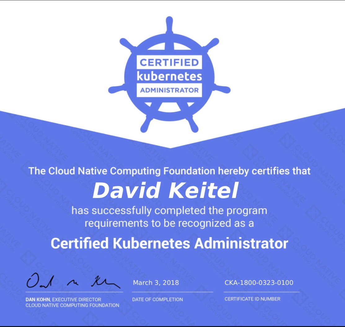 davidkeitel's tweet photo. Glad to formally establish that I know a few things about @kubernetesio. #CKA #kubernetes https://t.co/Jb49q5n10E