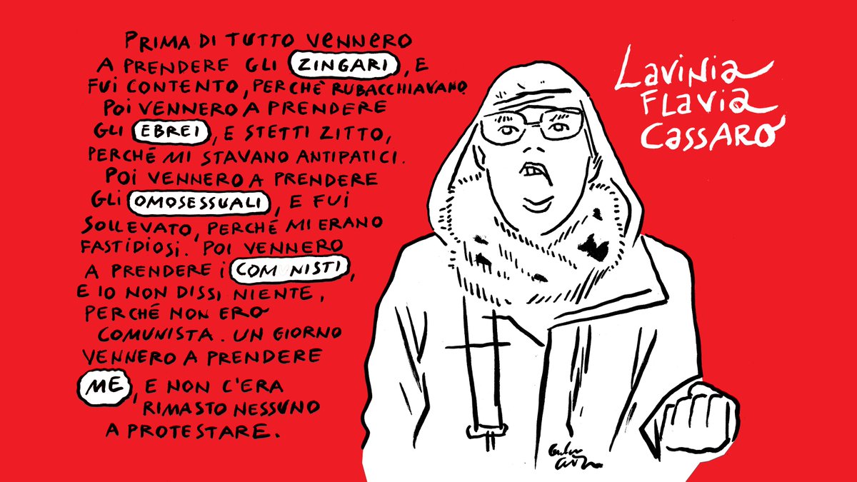 channeldraw's tweet photo. Prima di tutto vennero a prendere gli zingari, e fui contento, perché rubacchiavano. Poi vennero a prendere gli ebrei, e stetti zitto, perché mi stavano antipatici...
Lavinia Flavia Cassaro 
https://t.co/3MeBKVLYK9 @zerocalcare @Wu_Ming_Foundt https://t.co/cmcqoOPdnB