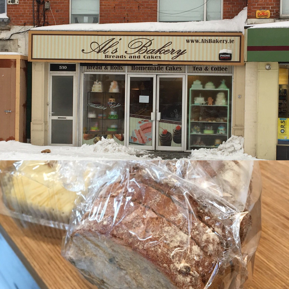 rjcarson's tweet photo. Our local baker on Kimmage Rd slept in the shop last night so that he would have a full fresh stock this morning. He opened 3 hours before Tesco. Please support him if nearby #sneachta https://t.co/fyxSGE0a2Z