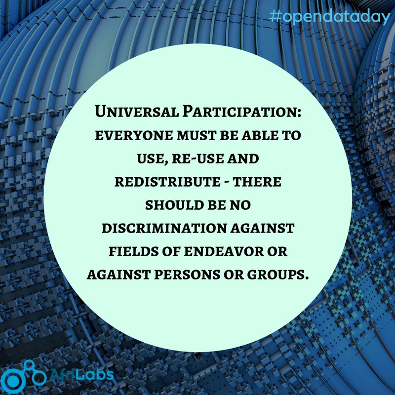 AfriLabs's tweet photo. Data must be publicly available for anyone to use, and it must be licensed in a way that allows for its reuse.
Open data is also specified by - #3. Universal Participation.
#opendata #opendataday18 #informatives #data #Africa #AfriLabs https://t.co/f7v1x1rwGQ