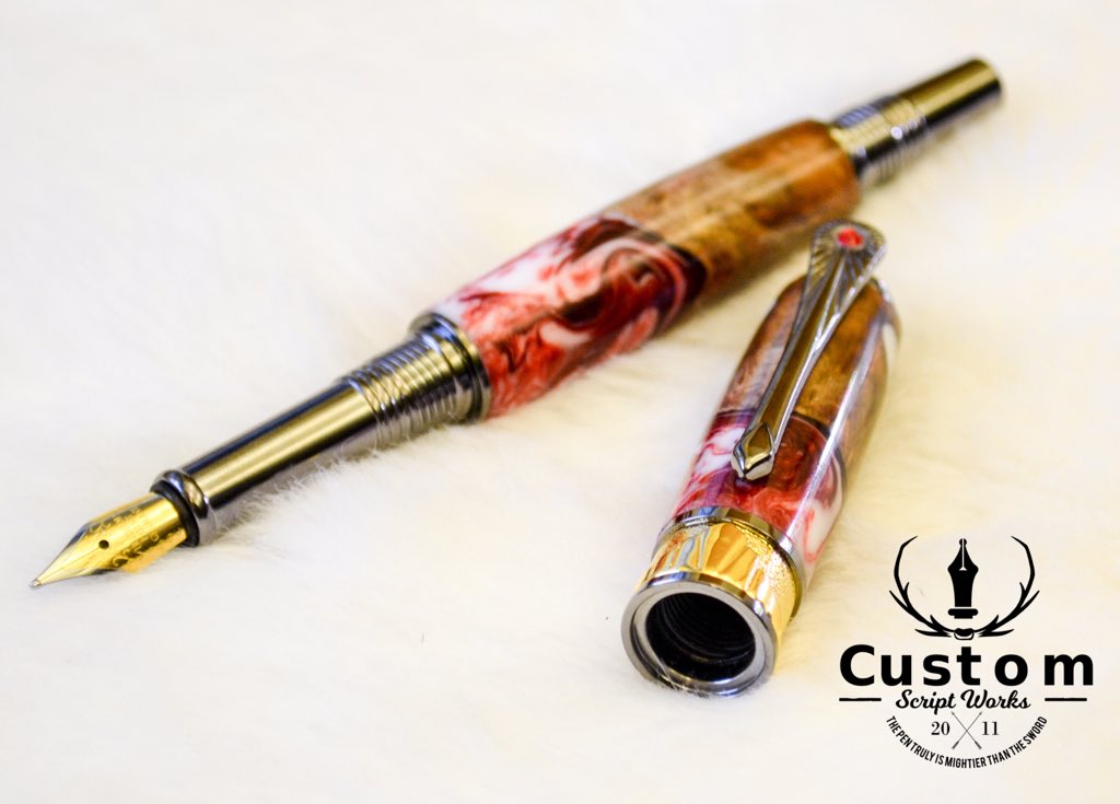 CScriptWorks's tweet image. One of our most #unique, luxurious creations to date that we’re sure you’ll #love . Magnificent burlwood infused with lavish crimson acrylic make this a work of near science fiction. 24k gold Schmidt medium tip. #YEGBusiness  goo.gl/71rBjb