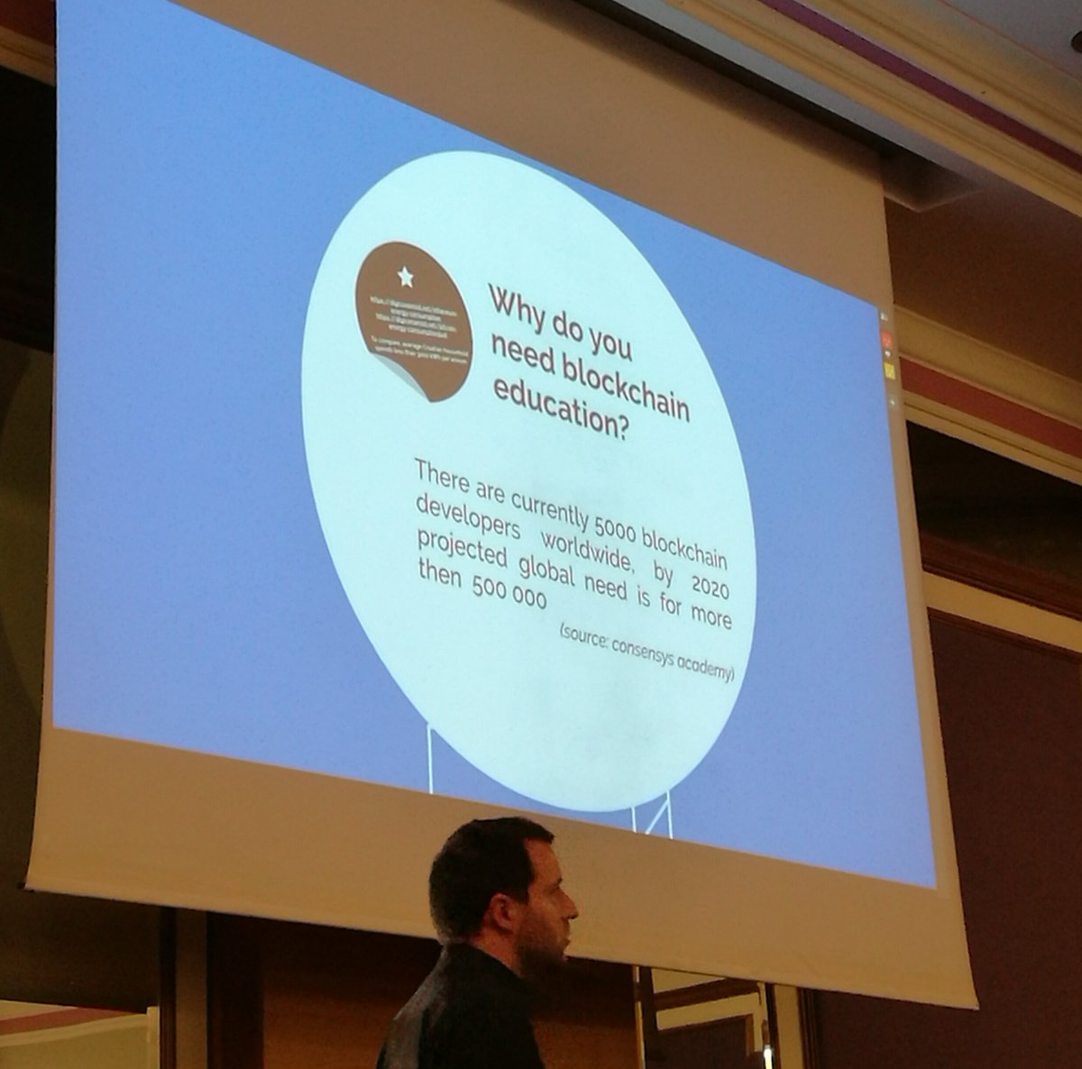 BlockchainAdria's tweet photo. Martin Žagar, Croatian Academy of Engineering: "This is why we need #blockchain education. Get on board!" #COTRUGLI https://t.co/4qKTJbFHTH