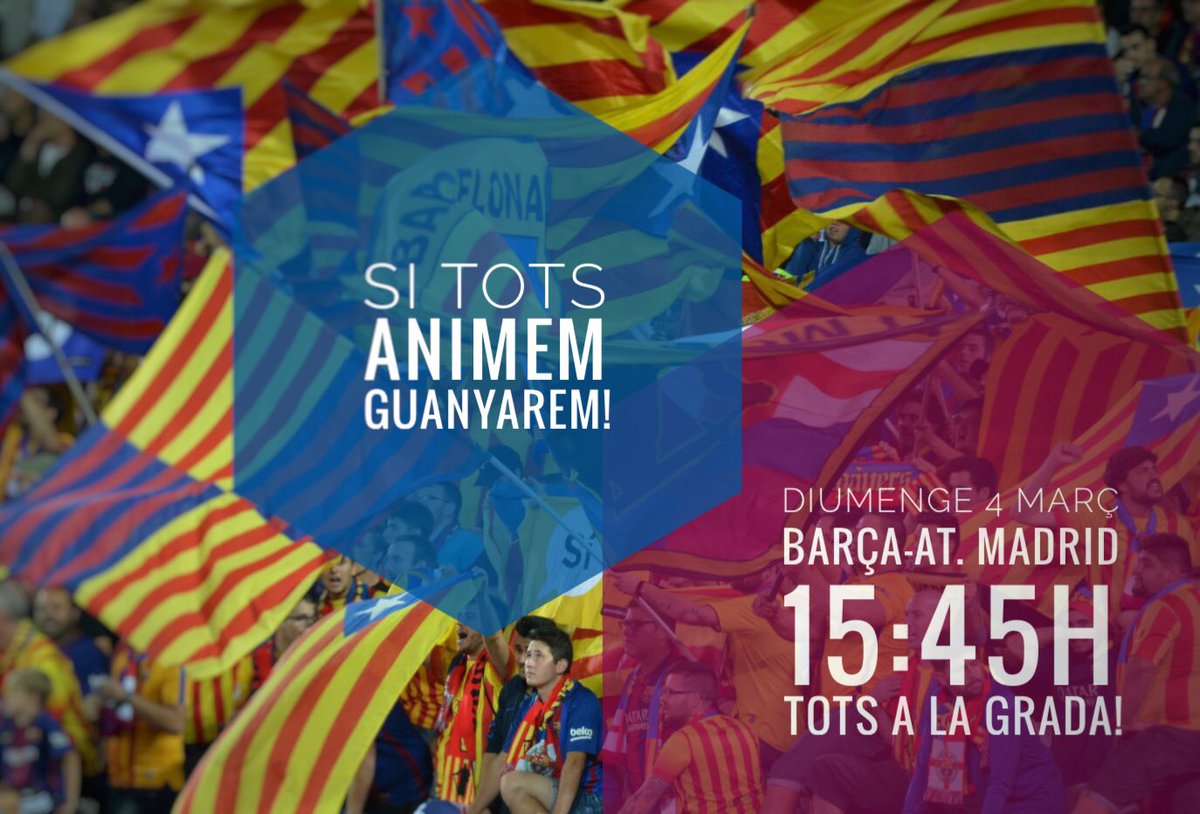 PenyaAlmogavers's tweet photo. *Barça-At. Madrid* 🔵🔴🔵🔴🔵🔴🔵 Diumenge 4 març 2018 #Camp Nou - 15:45h TOTS A LA GRADA! - PASSA-HO - #ForçaBarça #SiTotsAnimemGuanyarem #FCB1899 #FCBlive #FCBatMadrid #FCBatletico https://t.co/0eDWUAtv8l