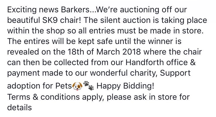 We’re auctioning our beautiful SK9 chair Barkers! All in aid of the fantastic charity, Support adoption for Pets🐶🐾(See 2nd image for full details &amp; how to bid)
