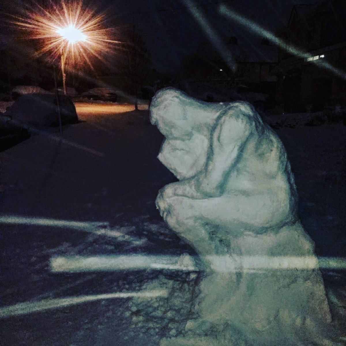 Snowman 'The Thinker' by @MonikaFerris #snowman #thethinker  #snowsculpture #WhatsOn #StormEmma #Dublin #cabinteely #augustrodine #snowgoals #art  #sculpture