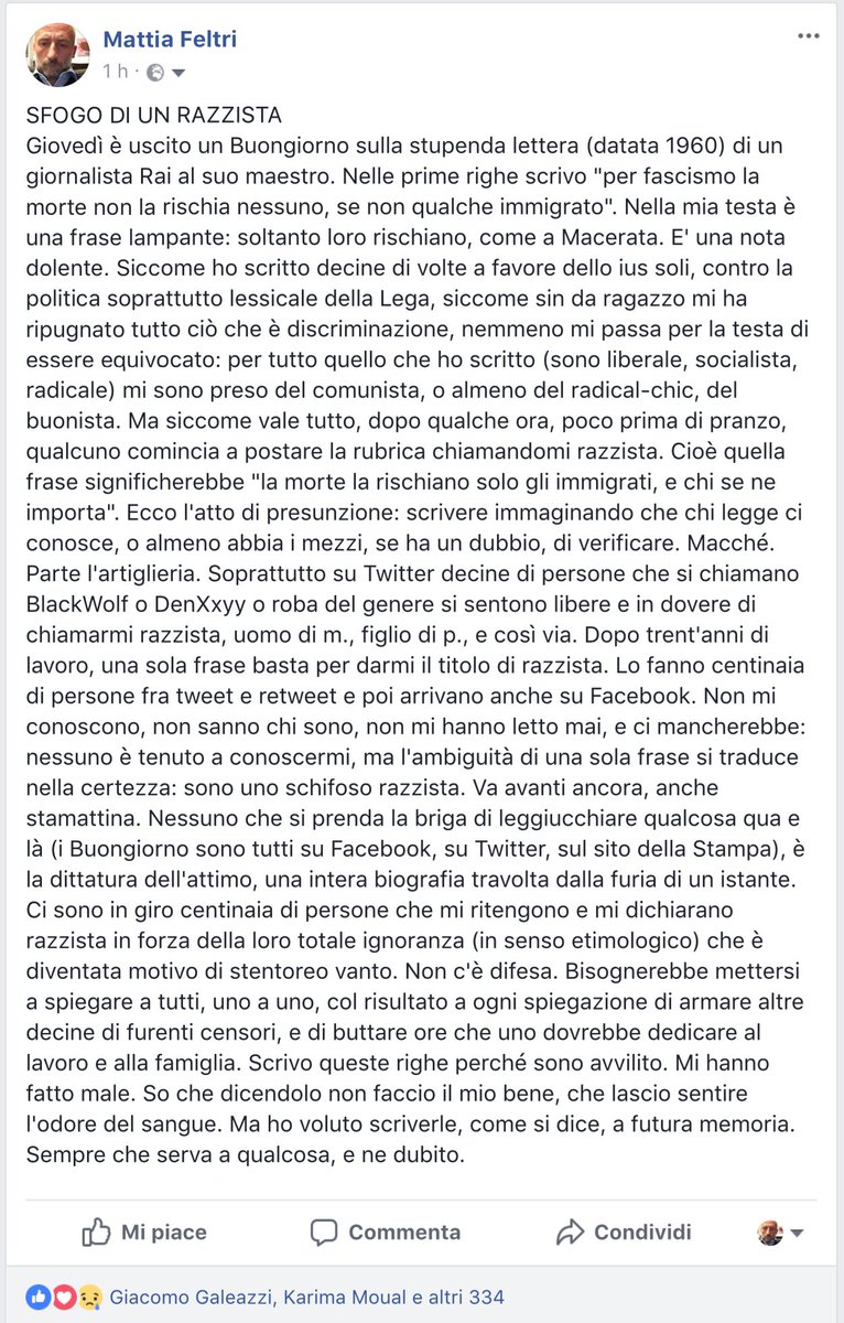 mattiafeltri's tweet photo. Sfogo di un razzista https://t.co/TgBiJWndvu