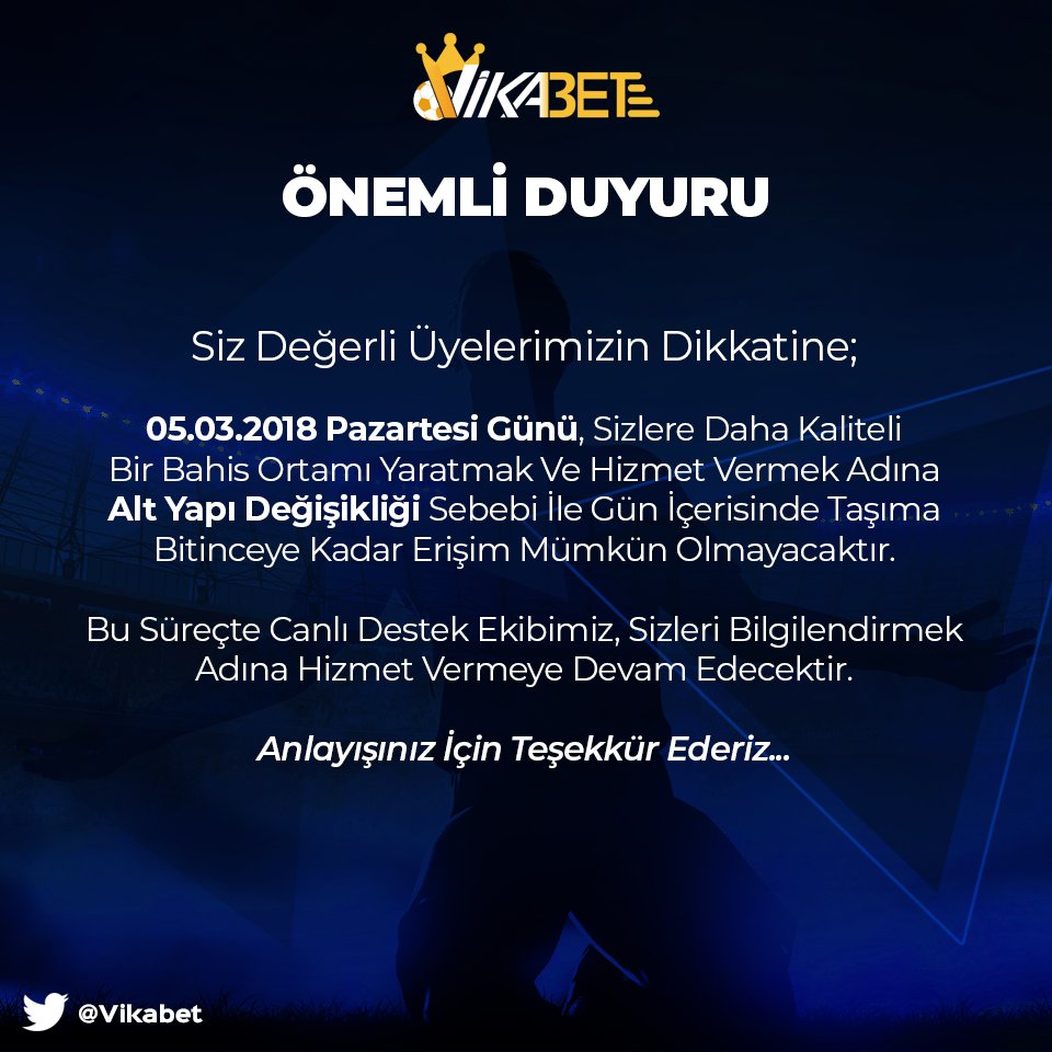 ✅ Yeniliklerle dolu yeni altyapı ile Vikabet, çok yakında hizmetinizde!

ℹ️ vikabet31.com