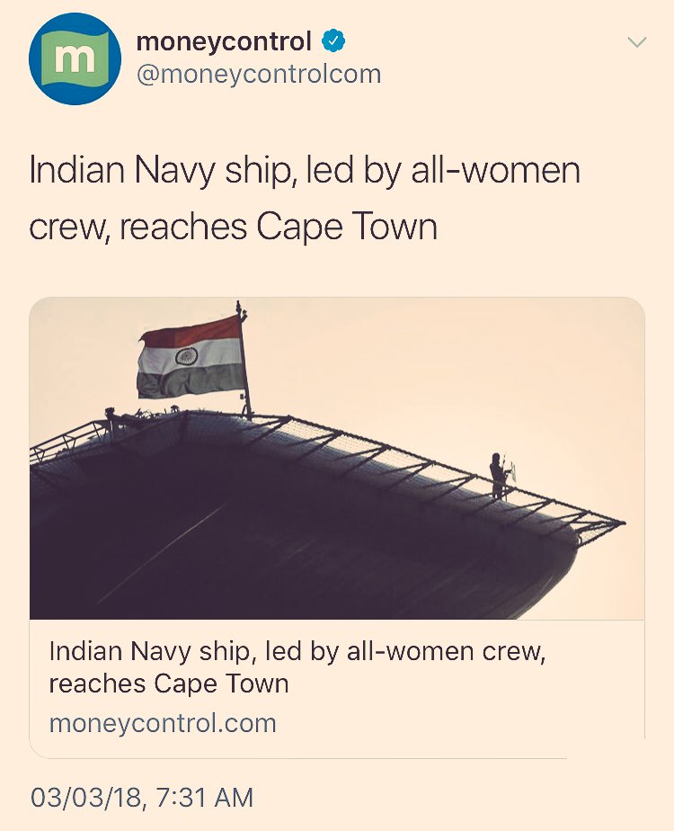 Hi  @moneycontrolcom, pretty sure the  @IndianNavy all-woman crew isn’t sailing around the world in an aircraft carrier.