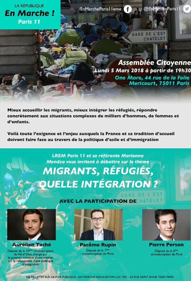 🇪🇺#Europe
#SAVETHEDATE 
#Migrants #SolidaritéEuropéenne
#Intégration

▪️le lundi 5 mars à 19h30 au One More (44, rue de la Folie Méricourt - 75011) 
@Aurelientache @PacomeRupin @Pierr_Person 

▶️inscrption @EnMarcheParis11 
📲 : bit.ly/2sYFtnh