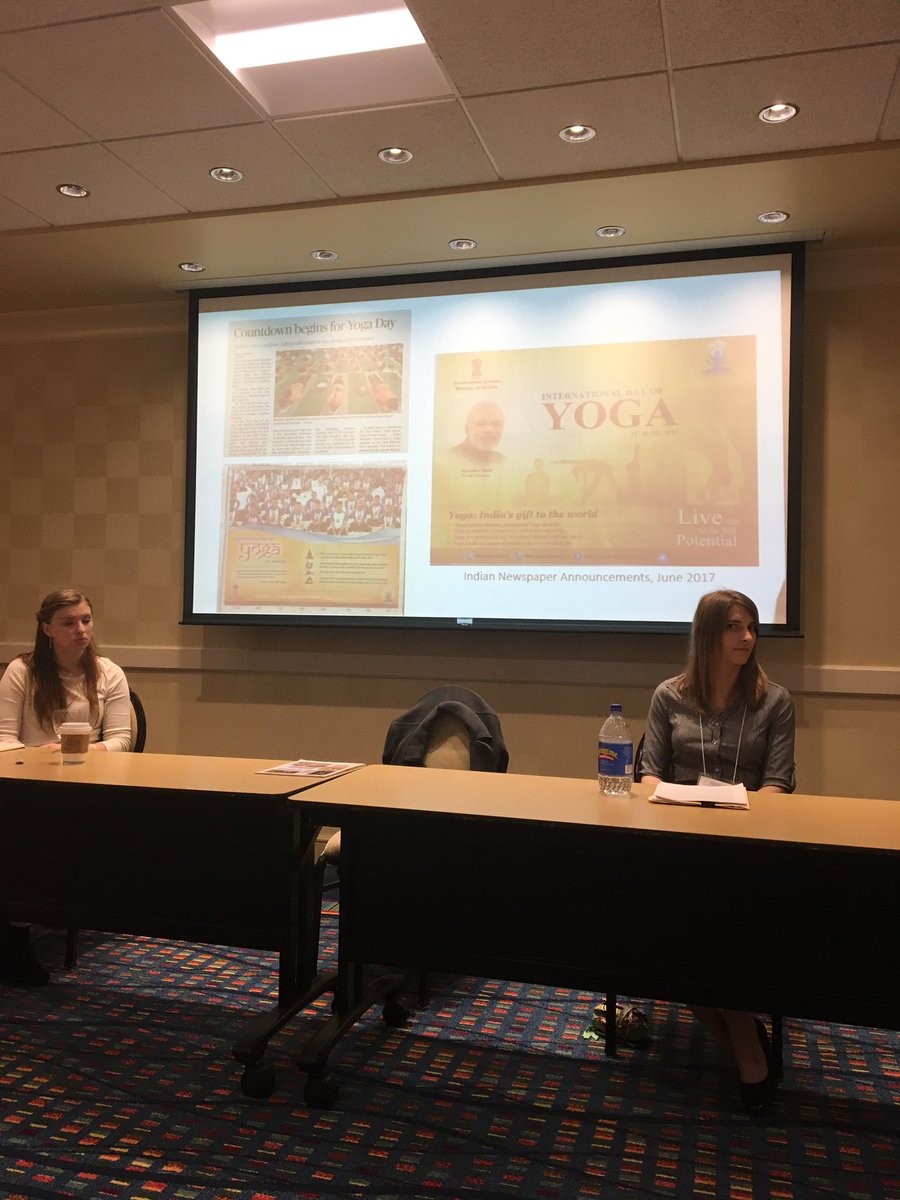 afmccorkle's tweet photo. Third, we have @anya_fredsell presenting her paper "Pujas and Poses," 3 years of intermittent ethnographic fieldwork on yoga and religion in #India and #America mentored by @ElonIndia #SECSOR2018 @elonuniversity @ElonReligion @TruittCenter https://t.co/p6ZFdFGwGR