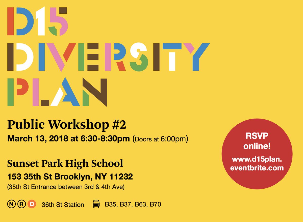 lynnshon's tweet photo. Join us for Public Workshop #2 on Tuesday, March 13, from 6:30-8:30pm at Sunset Park High School! We will cover historic demographic changes, introduce precedents+data, and provide another opportunity for you to share ideas on creating meaningfully integrated middle schools! https://t.co/5Bogyw2Zlt