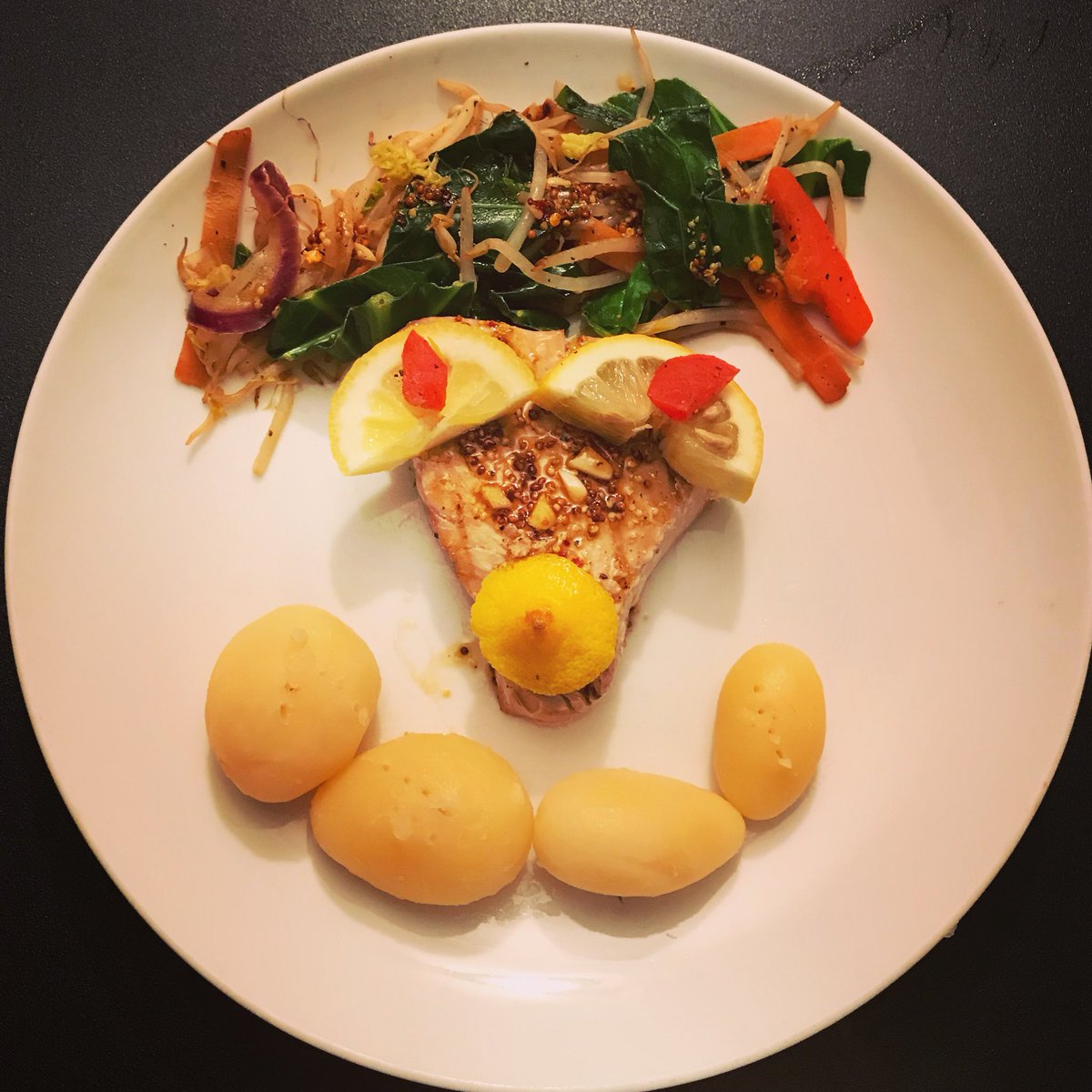 Albiestar's tweet photo. I had a try at #dinnerface tonight . Was a very tasty soy tuna dish. PLUS No kitchens were set on fire not that that ever happened before... https://t.co/72j43qavtT