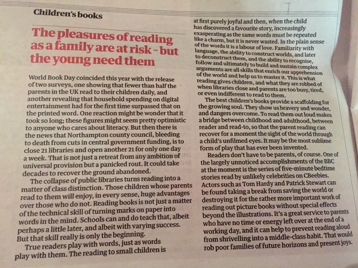 ‘The collapse of public libraries turns reading into a matter of class distinction’ <a href="/guardian/">The Guardian</a> Editorial Our fight for libraries must involve moreparents/schools <a href="/CharteredColl/">Chartered College of Teaching</a> <a href="/NickPoole1/">Nicholas Poole OBE Hon. FCLIP</a> <a href="/uksla/">School Library Association (SLA)</a> <a href="/TeresaCremin/">Teresa Cremin</a> <a href="/Joyisreading/">Joy Court</a> <a href="/The_UKLA/">UKLA</a> <a href="/whatSFSaid/">SF Said</a> <a href="/bcb567/">Barbara Band</a> @EgmontUK <a href="/NosyCrow/">Nosy Crow</a> #OURfP