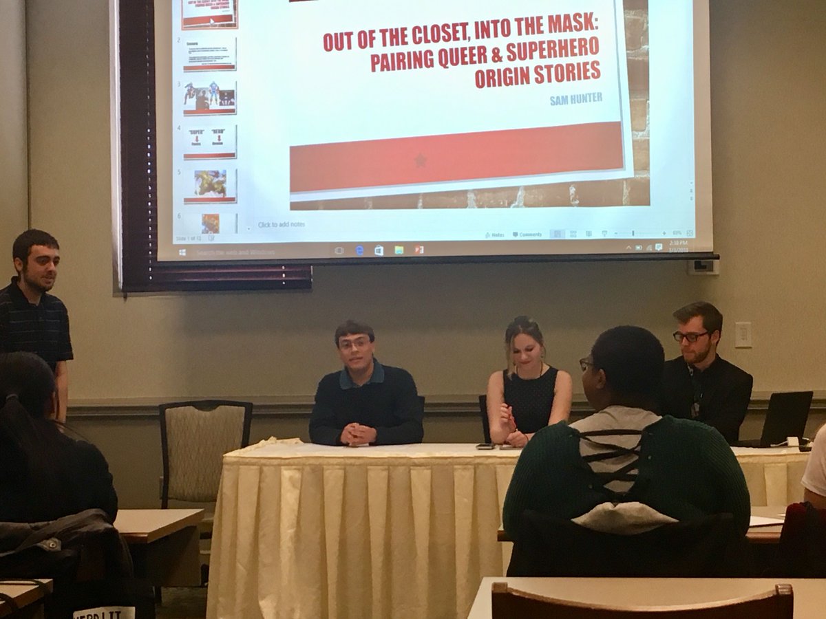 MiamiOH_CW's tweet photo. Moderator Garrett Reed and our smart student panelists Evan Doran, @SophieKovach and Sam Hunter #NerdLit https://t.co/fgz0mdWVlF
