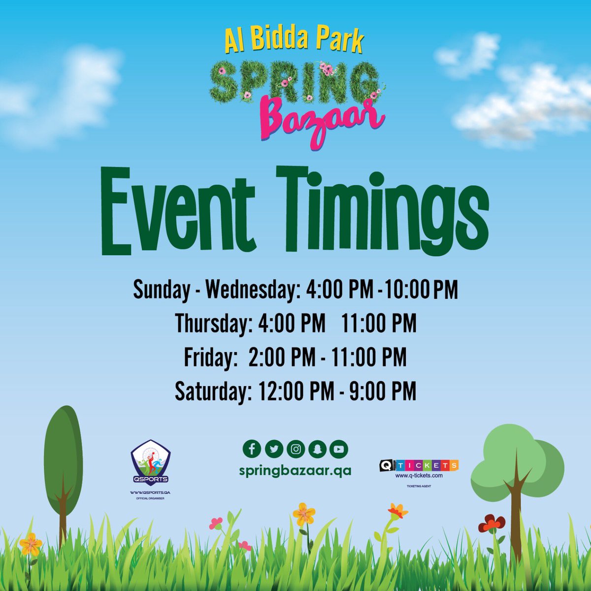 SpringbazaarQa's tweet photo. If you are excited as we are, here are the opening timings for the event! Follow us and use our official hashtags #SpringBazaarqa for more updates!
.
#SpringBazaarqa #dohaqatar #albiddapark #Qatarbazaar #dohablogger https://t.co/mEBm8HxXU3