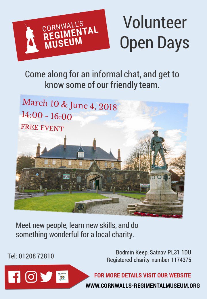 BodminKeep's tweet photo. Come along to our #volunteer open day and meet the team! 
Next Saturday (March 10th) 2-4pm.  Everyone welcome! 
@volcornwall @VolunteerMakers #cornwallmuseums #volunteering https://t.co/6Ks8jrU92X https://t.co/NcnHeUn3zU