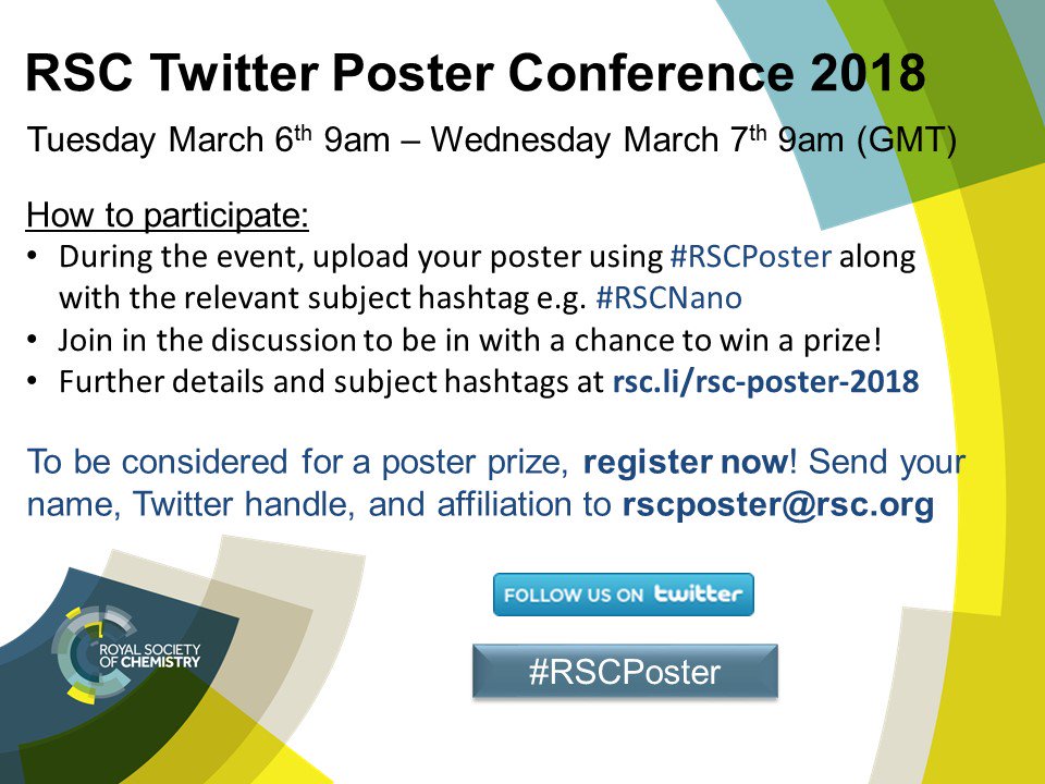 RoySocChem's tweet image. This Tuesday we&apos;re hosting a truly global scientific conference – the annual Twitter Poster Conference. It&apos;s not too late to submit a poster – all you need to do is tweet it using #RSCPoster on the day. Find out more: rsc.li/2oJJiHD