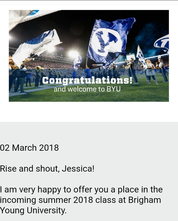 jessicajbeebe's tweet photo. For weeks, I prepared myself to read the words "I regret to inform you..." And I waited for all my hard work to turn to waste as I got rejected from my dream school. Instead, I woke up to a letter of acceptance! I don't believe my eyes! Provo, here I come! https://t.co/FuePk6UFSh
