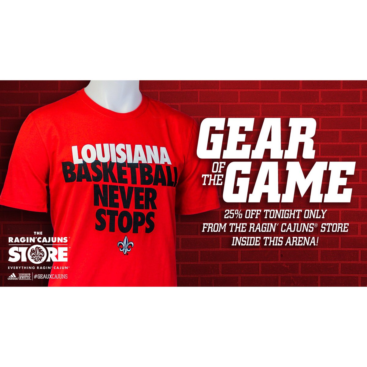 RaginCajunStore's tweet photo. It’s your last chance to see YOUR Louisiana Ragin' Cajuns Basketball team play at home! Let’s #packthedome and #win! Grab an adult or youth t-shirt for 25% off while you’re there! #cantstopwontstop #shopRCS https://t.co/HqzK0Cspbq