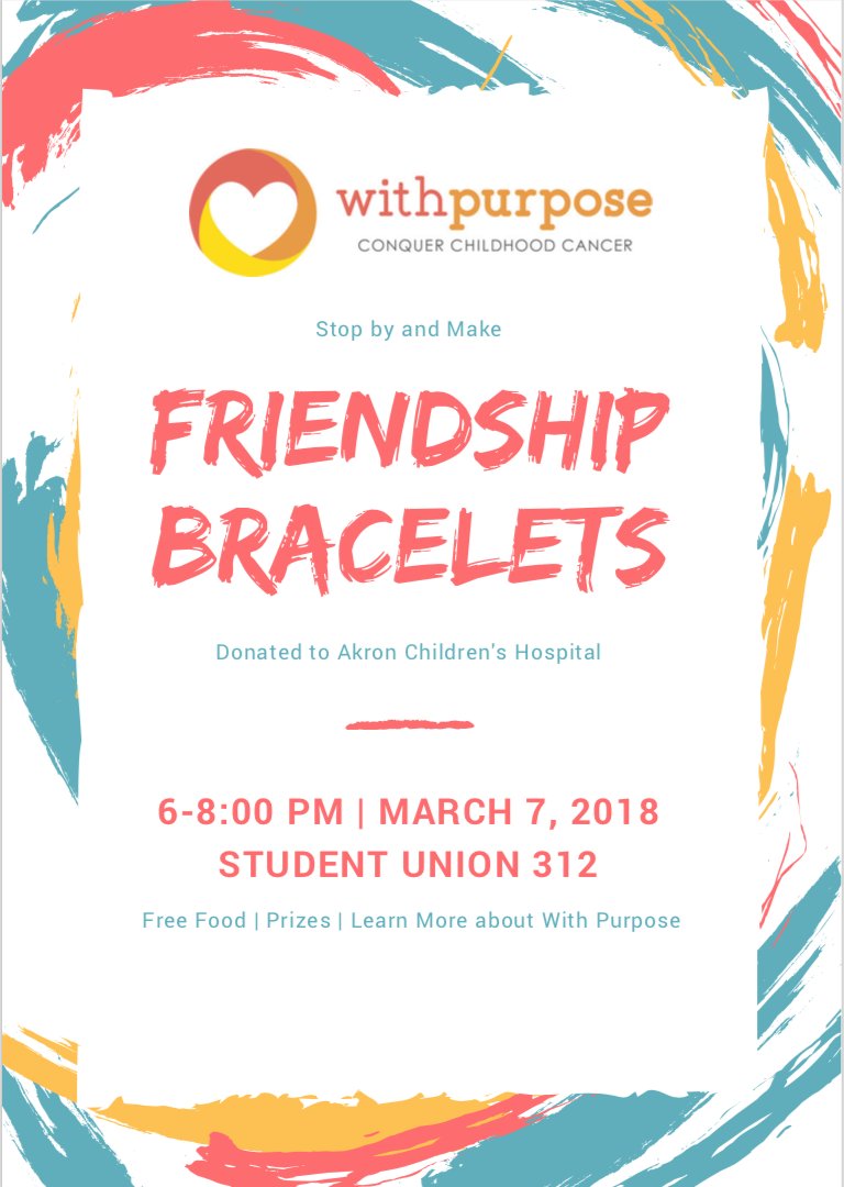 uakron_wp's tweet photo. Our friendship bracelets event is only 4 days away! Stop by Student Union 312 on Wednesday from 6-8 to enjoy some free pizza, learn more about With Purpose, and make a little gift for a kid at @AkronChildrens!

#WithPurpose #IAmHappy https://t.co/DhCK1rcrHs