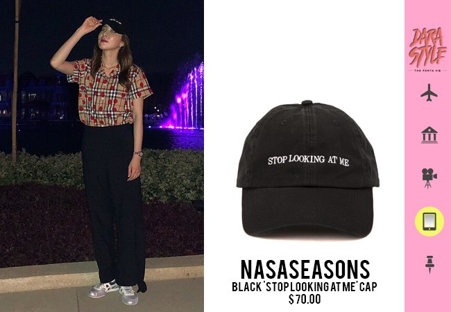 DaraStyle_'s tweet photo. [SNS Update] 180225 &amp; 180302 - #DARA's Twitter Post, wearing:

#NASASEASONS Black "Stop Staring At Me" Cap https://t.co/N58TYb8T92