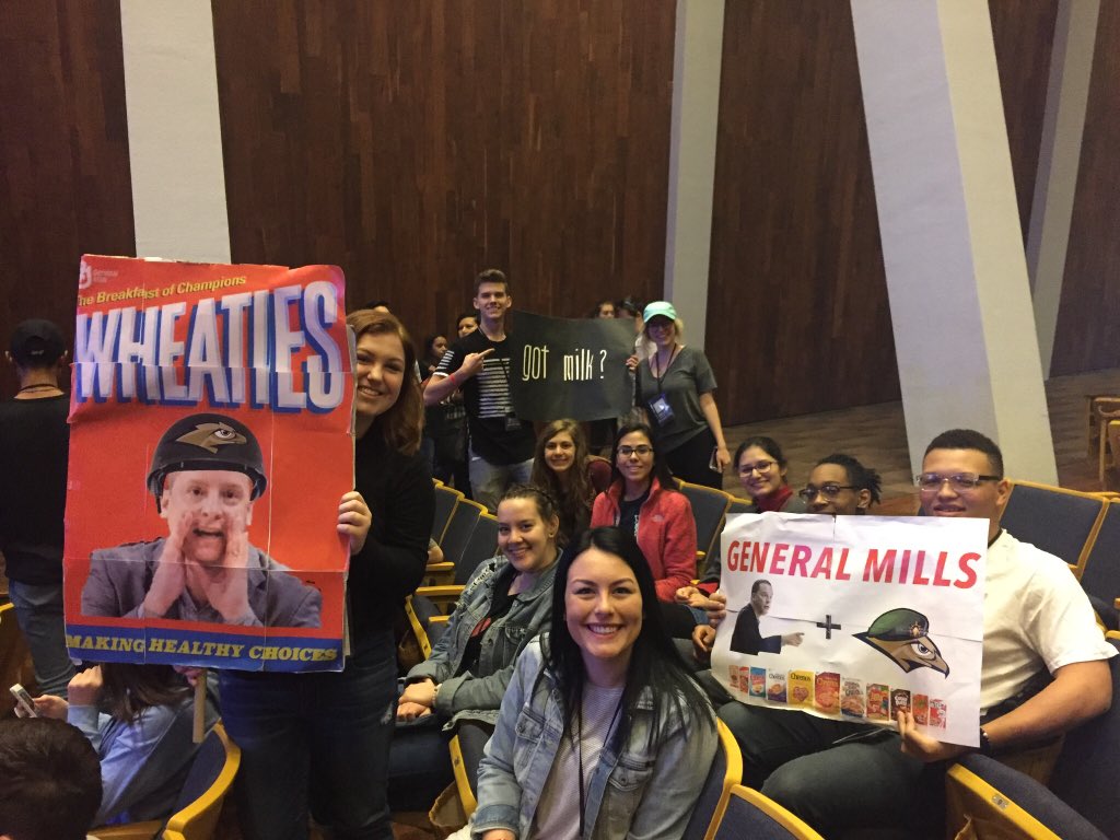 DAYFRUIT's tweet photo. Hey @CoachMills while you’re away in Sioux Falls we’re cheering on @ORUMBB and @ORUWBB with our General Mills themed College Weekend team!! https://t.co/2hmp588cqJ