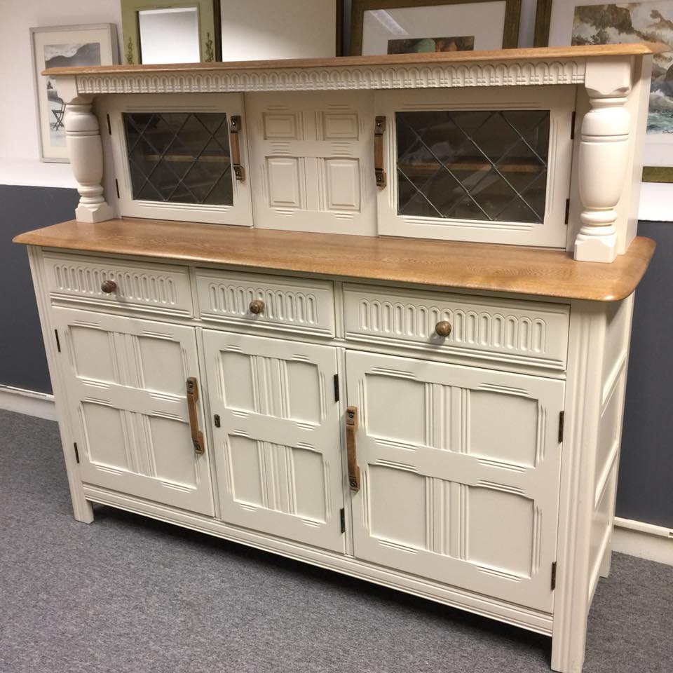 UKPickersLtd's tweet photo. What a beautiful example of a two-tiered Ercol sideboard refurbished and professionally painted in off-white and refinished tops in light oak, don’t miss it at Unit 2 Windsor House, Brunswick Industrial Estate NE13 7 BA https://t.co/Qd80N8q6Wn